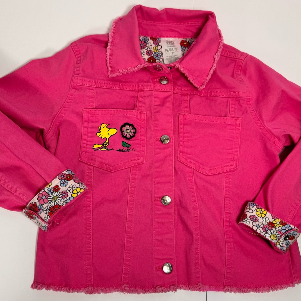 Girls' Hot Pink Denim Jacket Size 10 with Woodstock & Snoopy Patches.